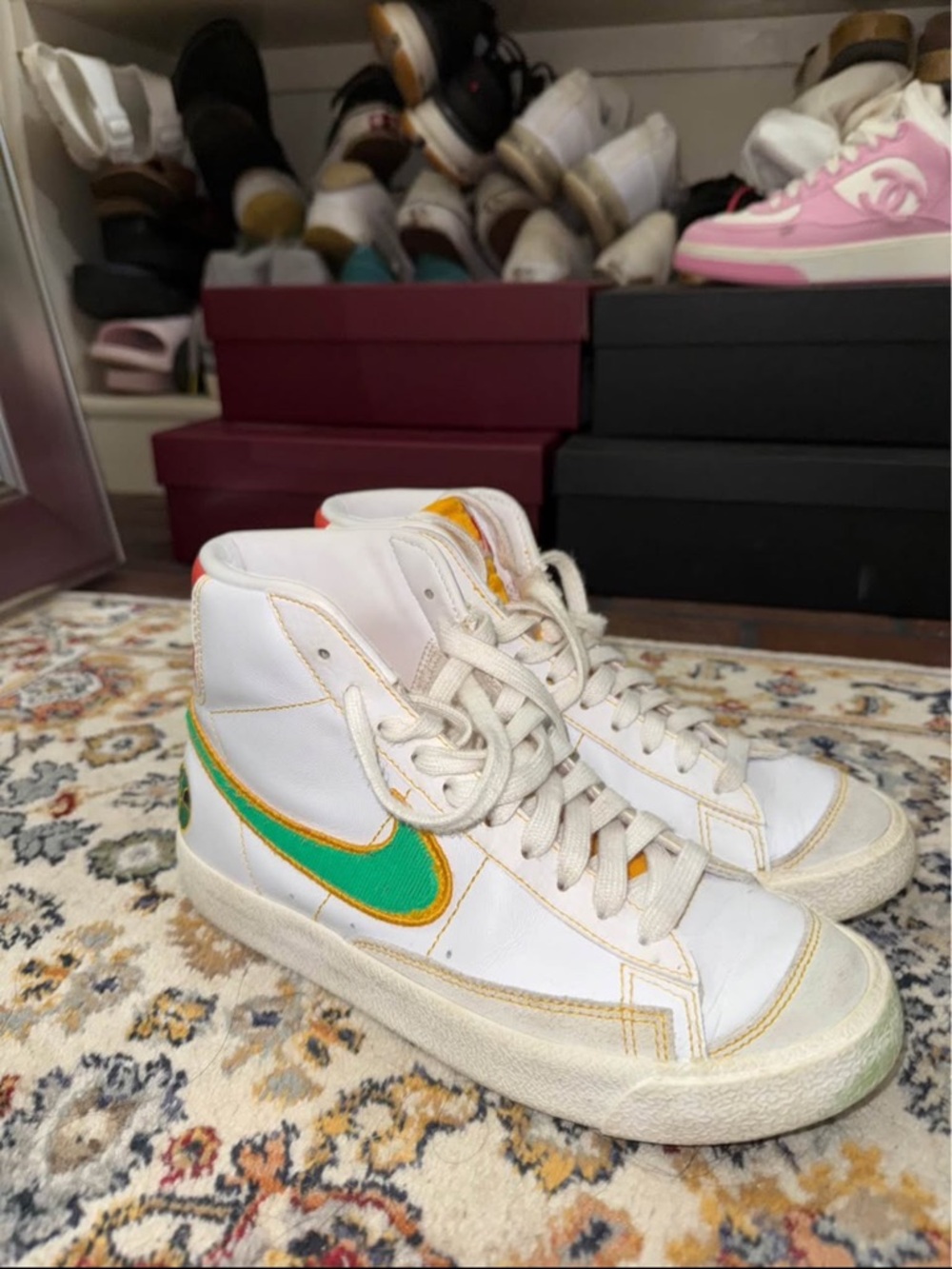 Nike White High-Top Sneakers with Green & Yellow Swoosh